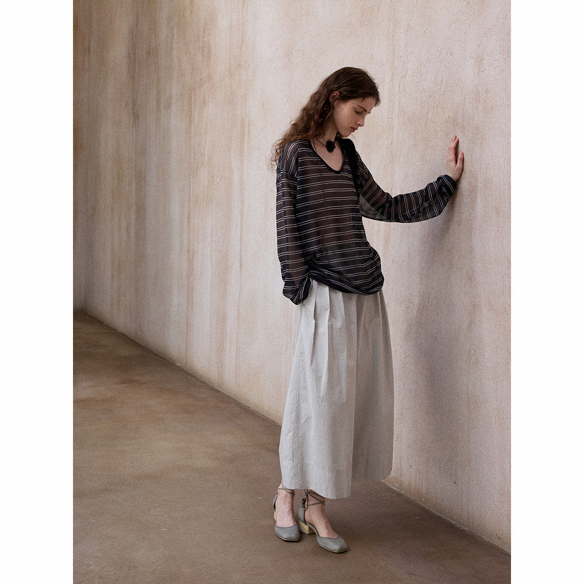 Summer soft and cool wash cotton adjustable middle waist commuting casual nine-point wide-leg pants