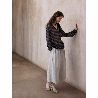 Summer soft and cool wash cotton adjustable middle waist commuting casual nine-point wide-leg pants