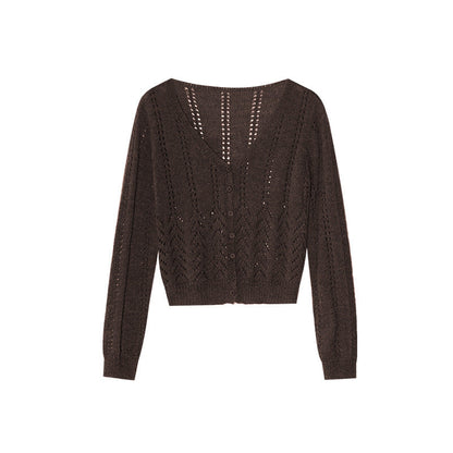 Casual single-row deep v-neck hollow-knit cardigan sweater