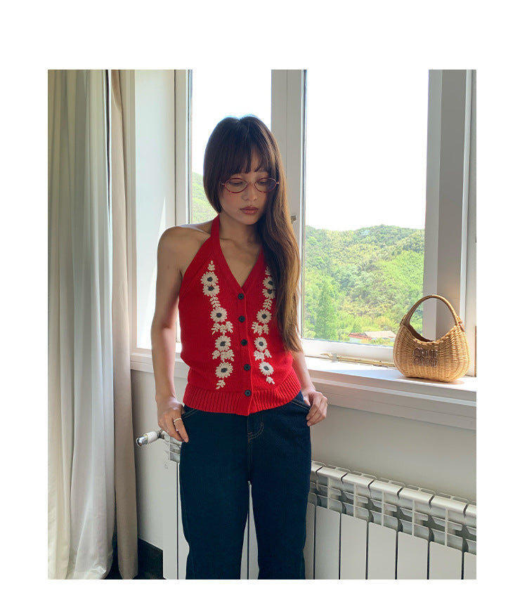 Spice girl sexy backless single-breasted jacquard neck knitted cardigan