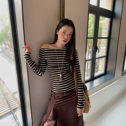 Long Sleeve Slash Shoulder Neck Striped T-Shirt Top