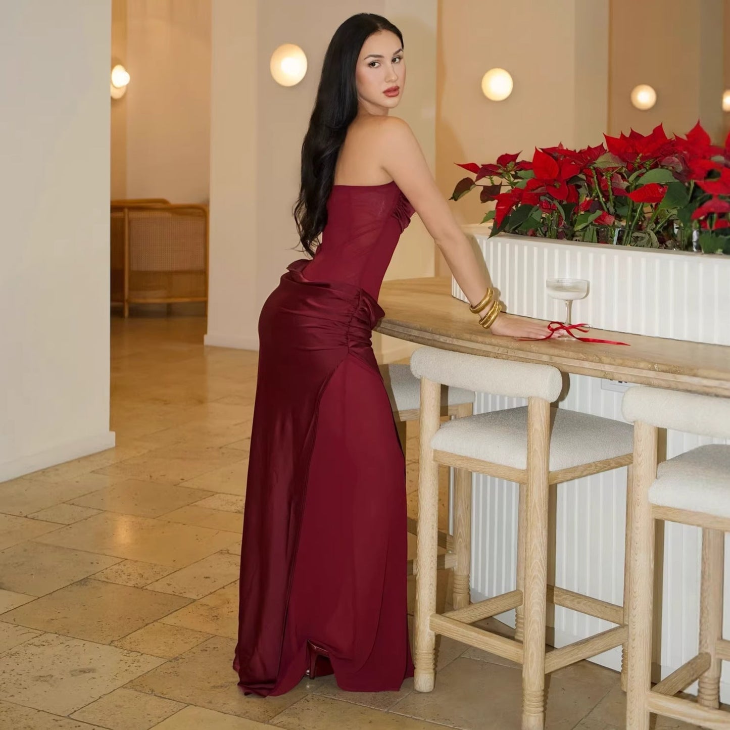 Fashion tube top sexy backless slim evening dress pleated hip skirt satin dress