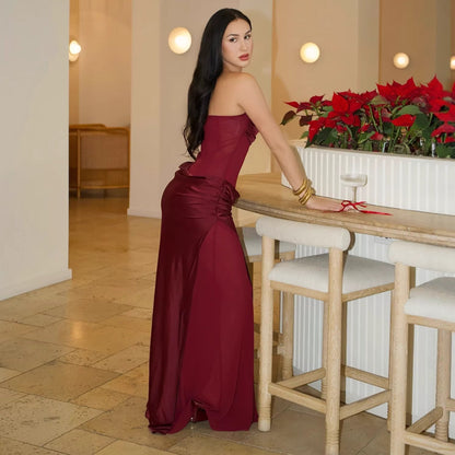 Fashion tube top sexy backless slim evening dress pleated hip skirt satin dress