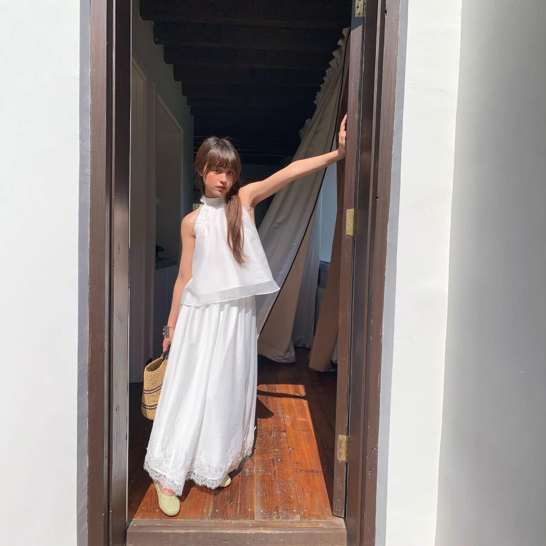 Pure white stand-up neck sleeveless neck lace chiffon shirt
