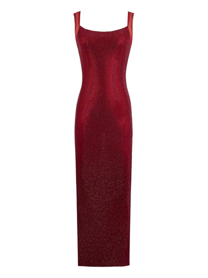 Rhinestone Embellished Halter Bodycon Maxi Dress