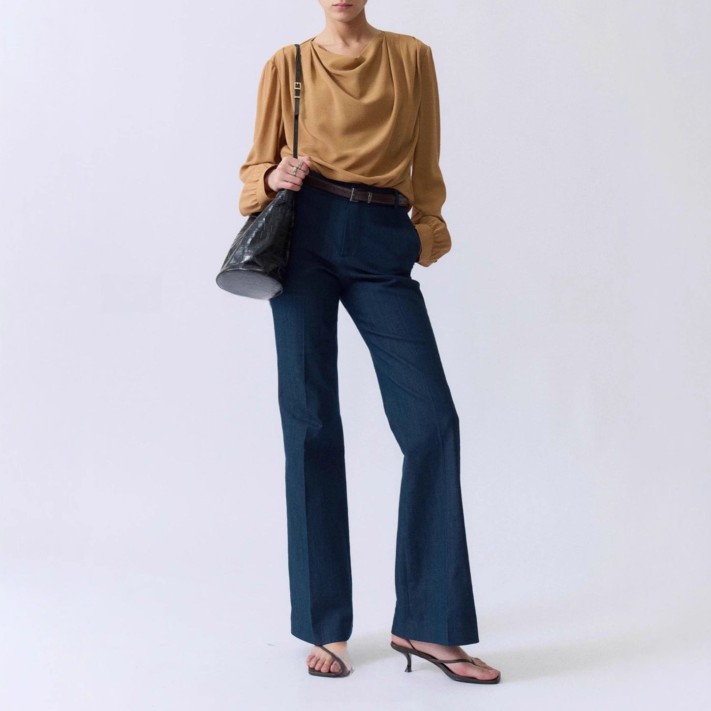 Multi-season wear fashionable legs, elastic imitation denim fabric, no ironing, comfortable retro micro-horn trousers