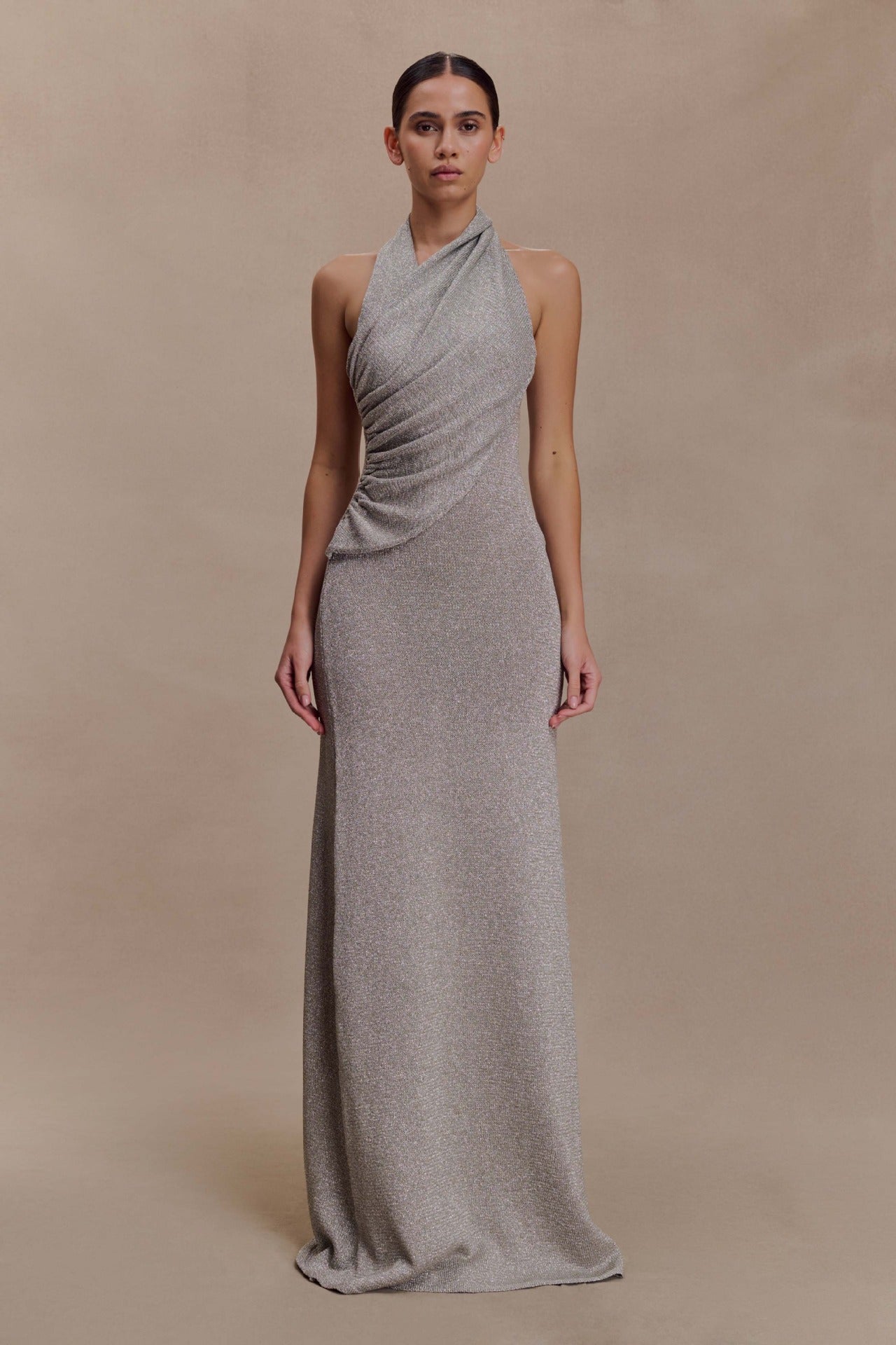Fashion pleated diagonal neck neck knitted hip skirt backless sexy dress