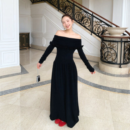 French tube top knitted dress women's one-word shoulder temperament sweater skirt