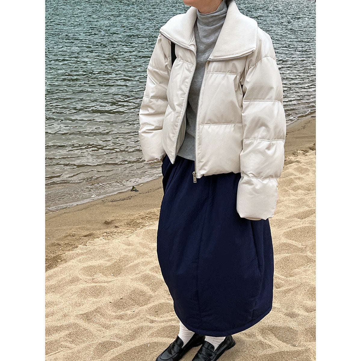 Black label, peace of mind 90 white duck down short bread jacket large lapel splicing pu leather down jacket women's winter new Y70