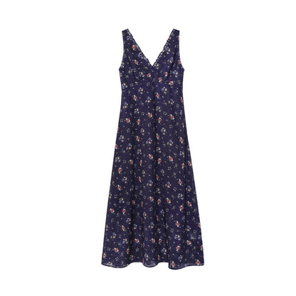Early spring Korean small fresh Tencel satin floral suspender dress