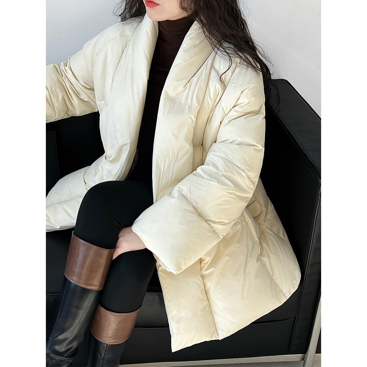 V neck waist down jacket for women lazy 90 white duck down tie back new chinoiserieoutwear