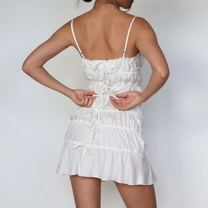 Niche temperament French celebrity style short skirt pleated lace-up waist suspender dress