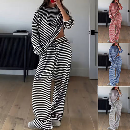 Striped Casual Two-Piece Set Women Long Sleeve Top High Waist Pants