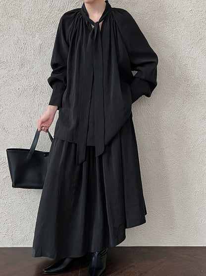 Korean temperament design sense streamer long-sleeved shirt + skirt women's autumn new lazy sense suit