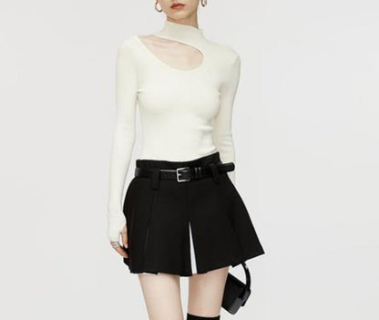 Semi-Turtleneck Long Sleeve Sweater Women Off-Shoulder Hollow Knit Top