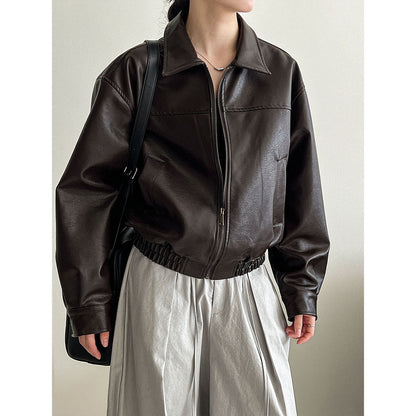 Korean locomotive style high-end lapel leather jacket