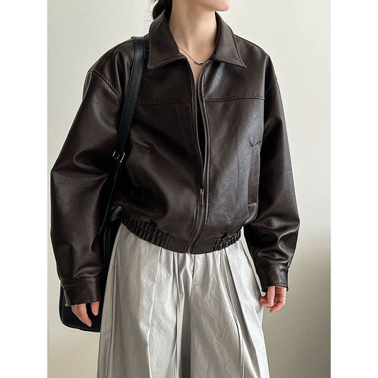 Korean locomotive style high-end lapel leather jacket