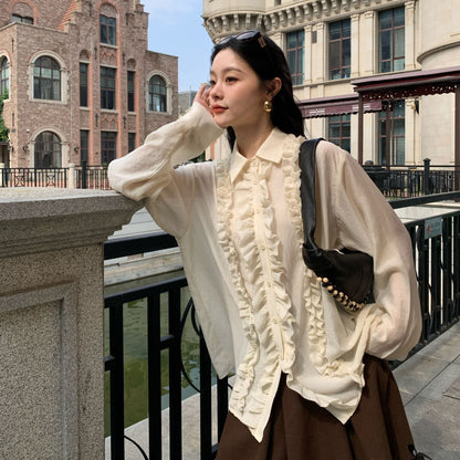 Korean Sheer Splice Ruffle Polo Shirt – Long Sleeve Loose Blouse