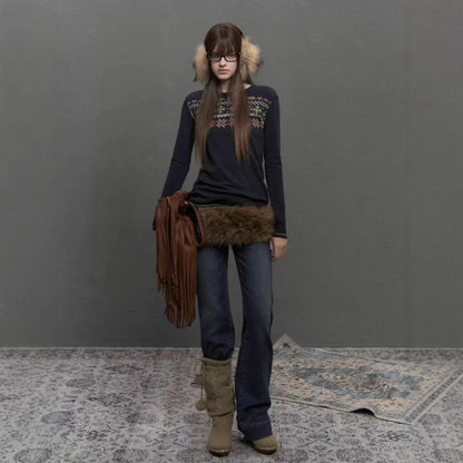 New Fair Island printed long-sleeved women's autumn lazy and comfortable inner bottoming shirt