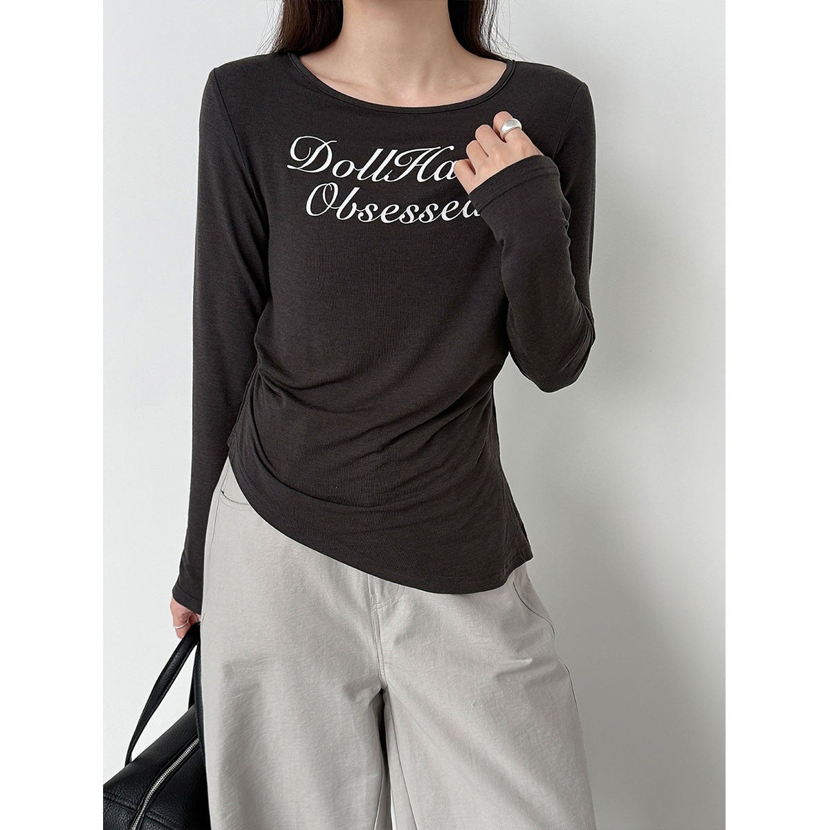 Irregular letter-printed slim-fit bottoming shirt Thin pleated Tencel wool long-sleeved T-shirt