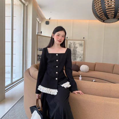 Autumn French Hepburn temperament lace splicing single-breasted square collar jacket