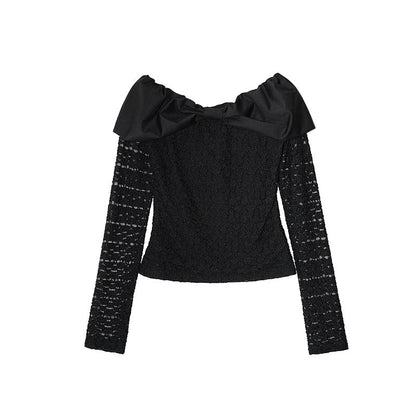 Sweet crochet hollow long-sleeved shoulder knit top