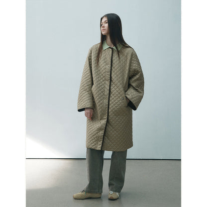 Winter new casual round neck single-breasted quilted contrasting color medium and long cotton jacket