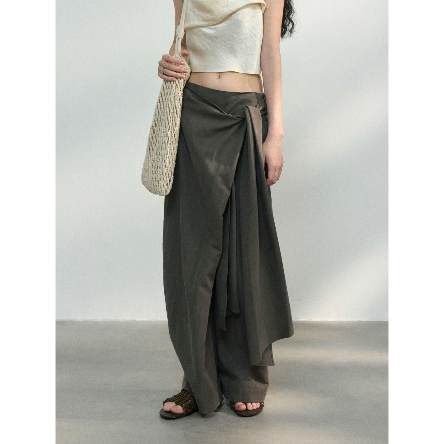 New commuter design Tencel texture lace-up anti-wrinkle wide-leg casual pants