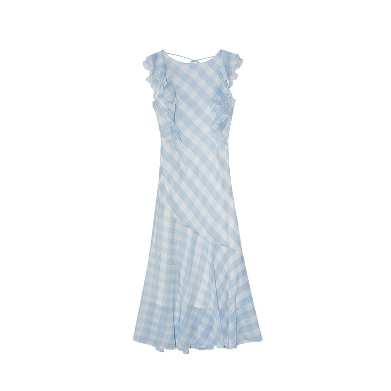 French sweet and cute plaid waist ruffle edge fishtail dress