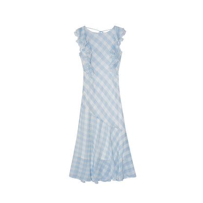 French sweet and cute plaid waist ruffle edge fishtail dress