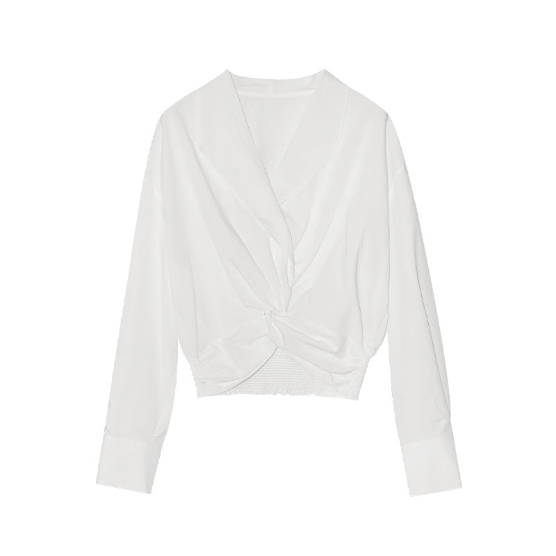 Temperament Design Sense Tencel Cotton Kink Waist Shirt