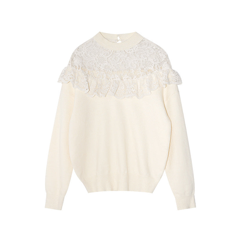 Age-reducing hollow lace splicing long-sleeved pullover knitted sweater