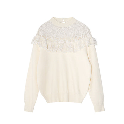 Age-reducing hollow lace splicing long-sleeved pullover knitted sweater