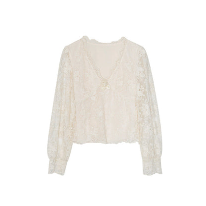 Winter French Heavy Industry Light Luxury Foreign Embroidered V-Neck Long Sleeve Lace Shirt