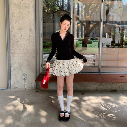 Autumn sweet and spicy polka dot short skirt anti-light elastic waist a-word skirt