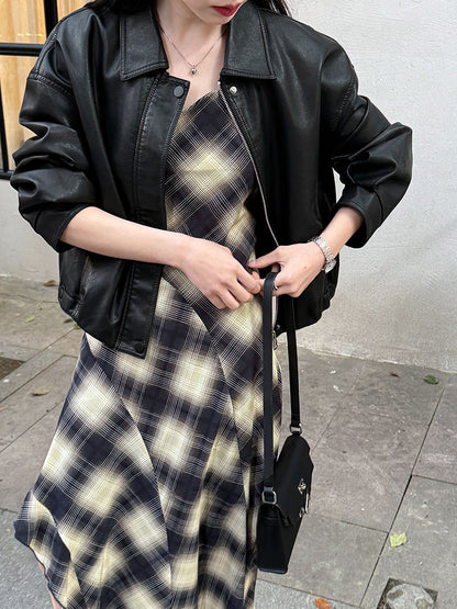 Korean simple temperament plaid dress spring and summer women's new waist irregular hem long dress