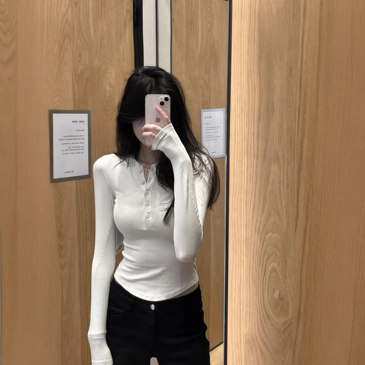 Long Sleeve Henley Shirt Women Slim Fit Elastic Knitted T-Shirt