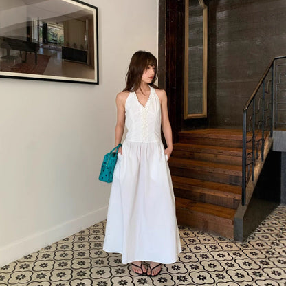 Small fresh age-reducing fungus edge neck halter dress