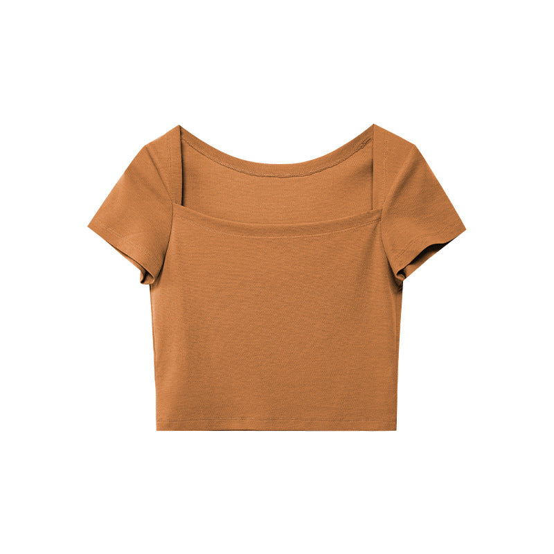 Square Neck French Tights Open Button Short Sleeve T-Shirt