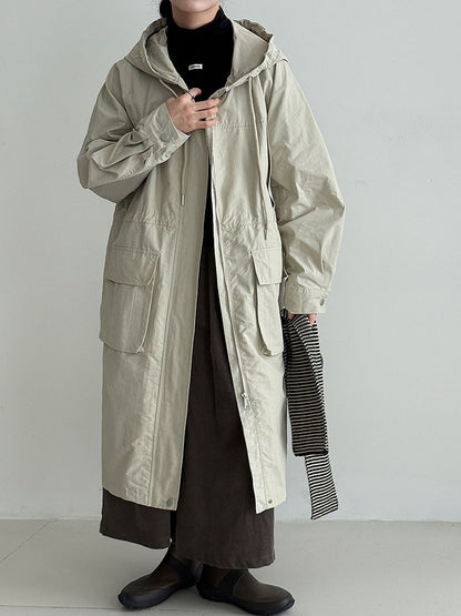 Premium British style hooded trench coat autumn design waist thin long coat