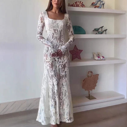 Openwork lace see-through long sleeve hottie sexy dress