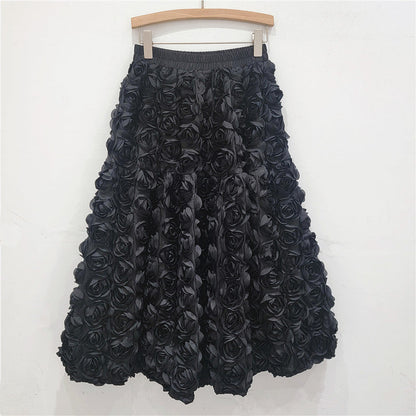 Medium and long fluffy fairy A-shaped skirt French elegant three-dimensional rose flower skirt girl