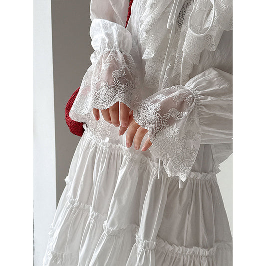 French V-Neck Lace Shirt Women's 26 Early Spring Gentle Wind Lace-Up Flared Sleeve Shirt