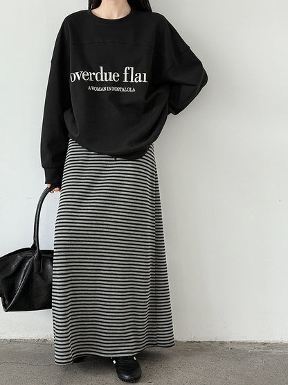 Commutingcasual lazy high waist drawstring skirt autumnew arrivaldrapedstripes slit long skirt
