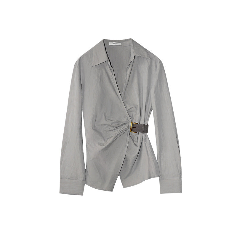 Temperament diagonal placket waist long-sleeved lapel shirt