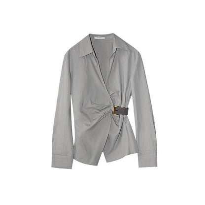 Temperament diagonal placket waist long-sleeved lapel shirt