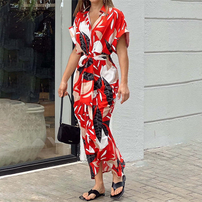 Elegant Lapel Collar Printed High-Waist Maxi Dress