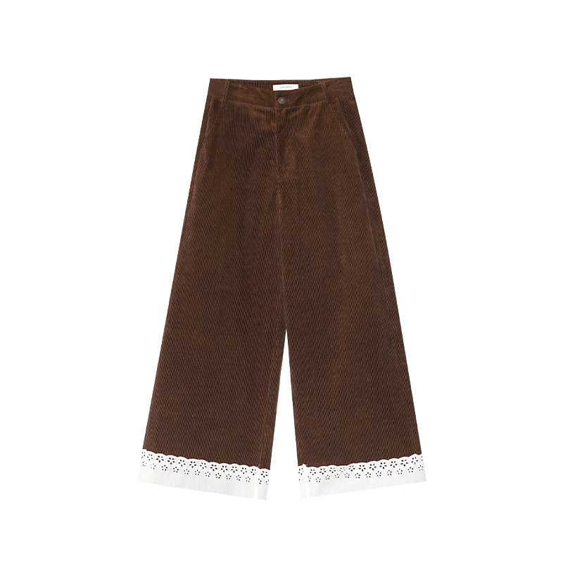 Splicing lace corduroy straight-leg pants
