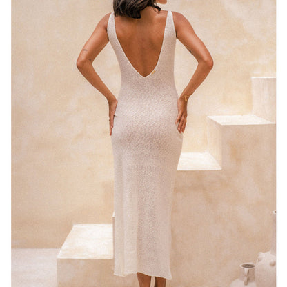 New fashionable back knitted dress V-neck vacation style sexy high split skirt