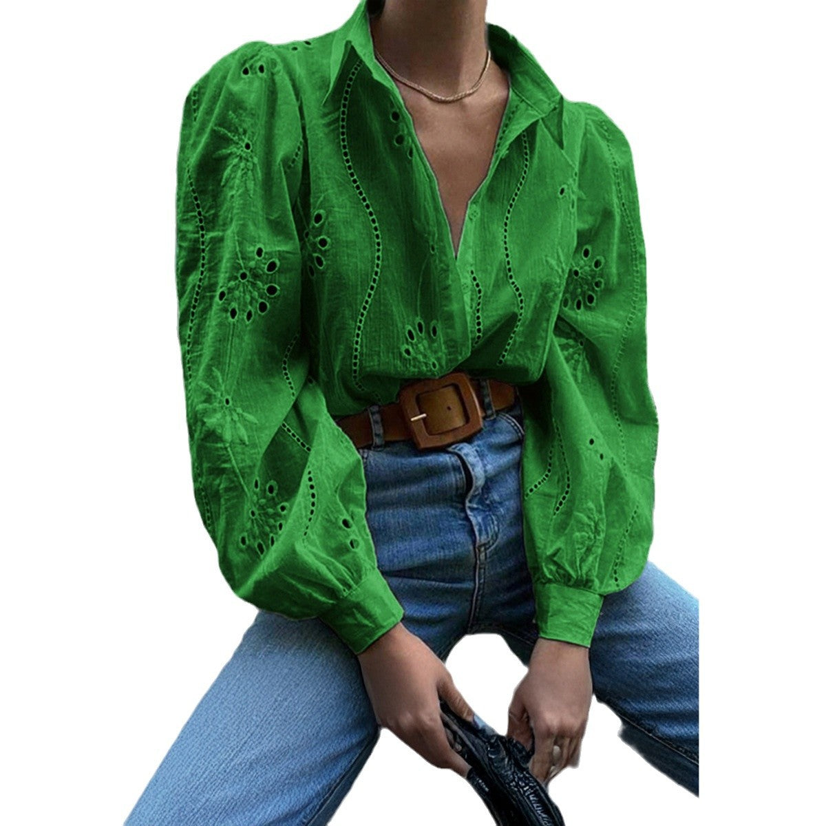 Lapel Long Sleeve Cardigan Women Regular Fit Puff Sleeve Hollow Blouse